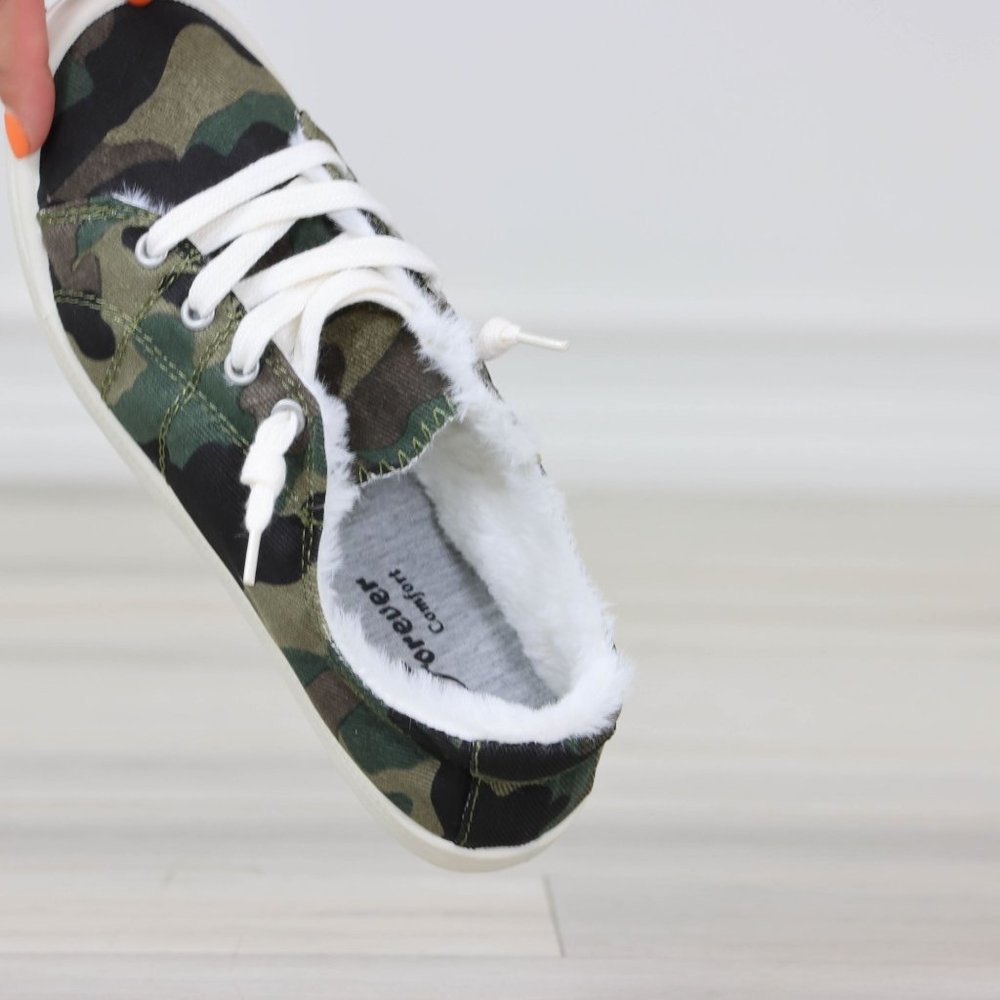 Camouflage Women's Flat Sneakers Canvas Lace Up Round Toe Warm Knit Lining - Picture 6 of 13